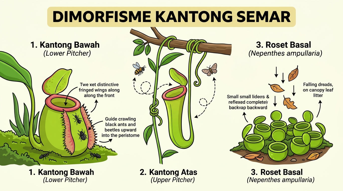 Dimorfisme Kantong: Perbedaan Fungsional Lower Pitcher, Upper Pitcher, dan Basal Ampullaria
