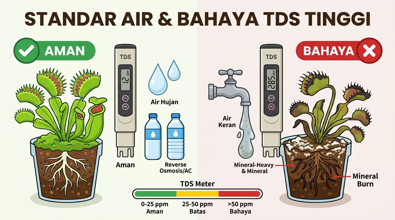 Mengapa Air Keran Mematikan bagi Tanaman Karnivora? Standar TDS & Bahaya Mineral Burn